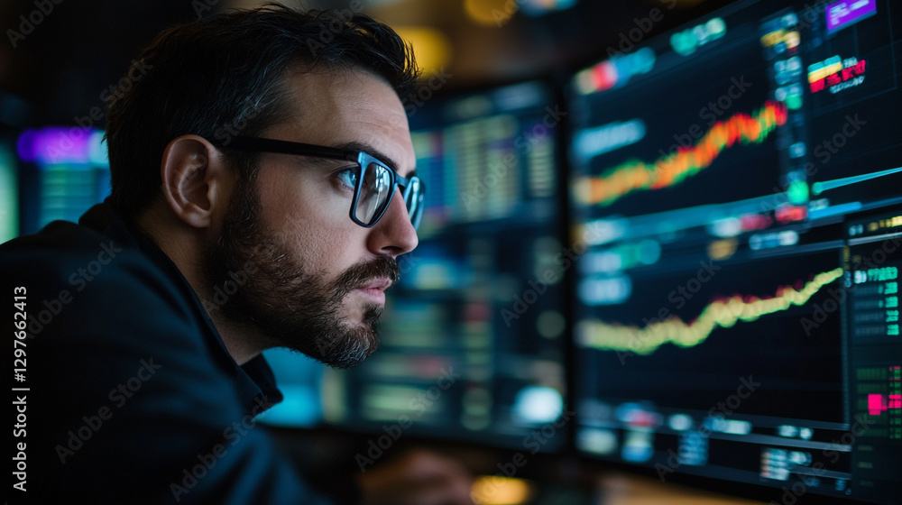 Poster focused man analyzing financial data on multiple computer screens work charts graphs market office