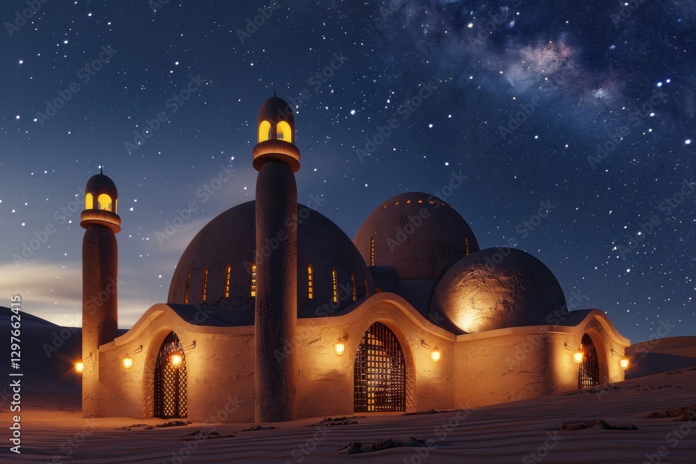 Poster Beautiful desert structure illuminated under a starry night sky with a visible galaxy and lanterns surrounding the building