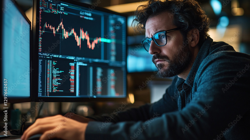 Poster focused man analyzing stock market data on multiple computer screens work graph charts office financ