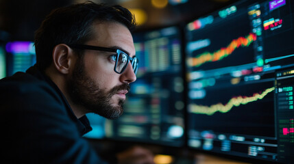 Focused man analyzing financial data on multiple computer screens work charts graphs market office