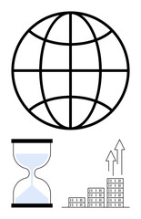 Globe icon, hourglass with flowing sand, and ascending bar chart. Ideal for global business, time investment, economic growth, development, progress, success abstract line flat metaphor