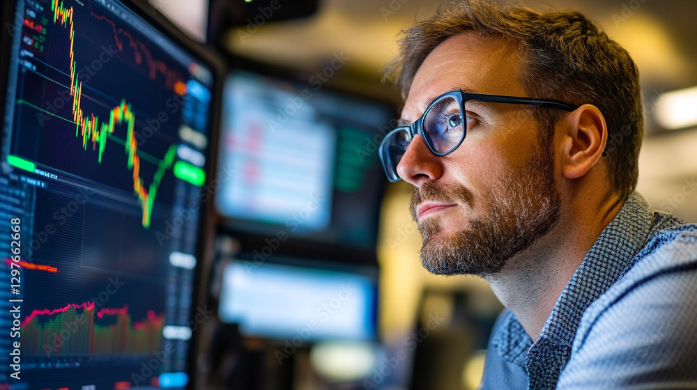 Poster focused businessman analyzing stock market data on multiple computer screens in a modern office work