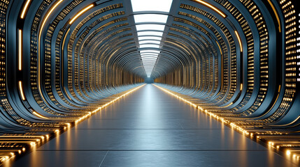 futuristic corridor with glowing lights and sleek design