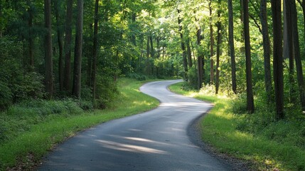 Obraz premium Serene Forest Road: A Winding Path Through Lush Greenery