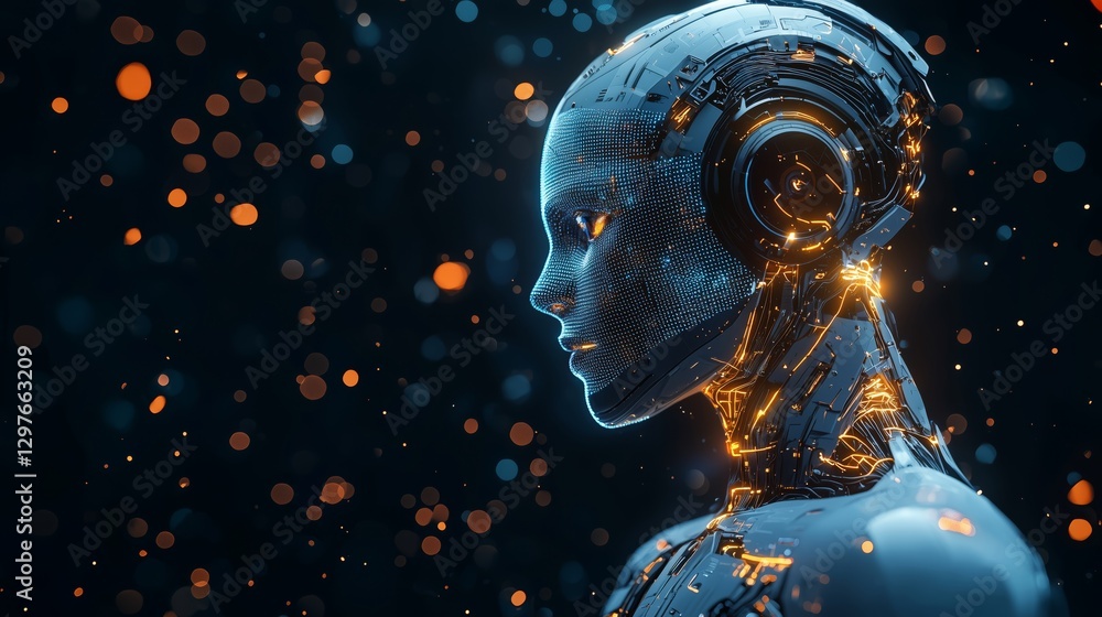 Poster futuristic robot head with glowing elements and digital background