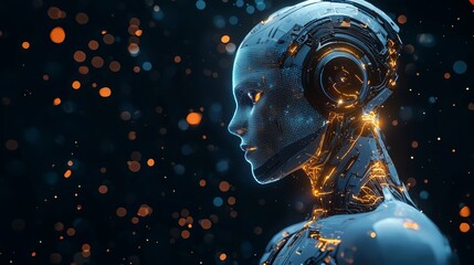 Futuristic Robot Head with Glowing Elements and Digital Background