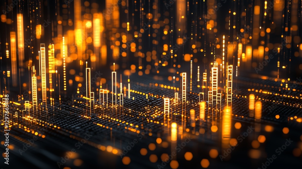 Poster abstract digital cityscape with glowing lights and data visualization