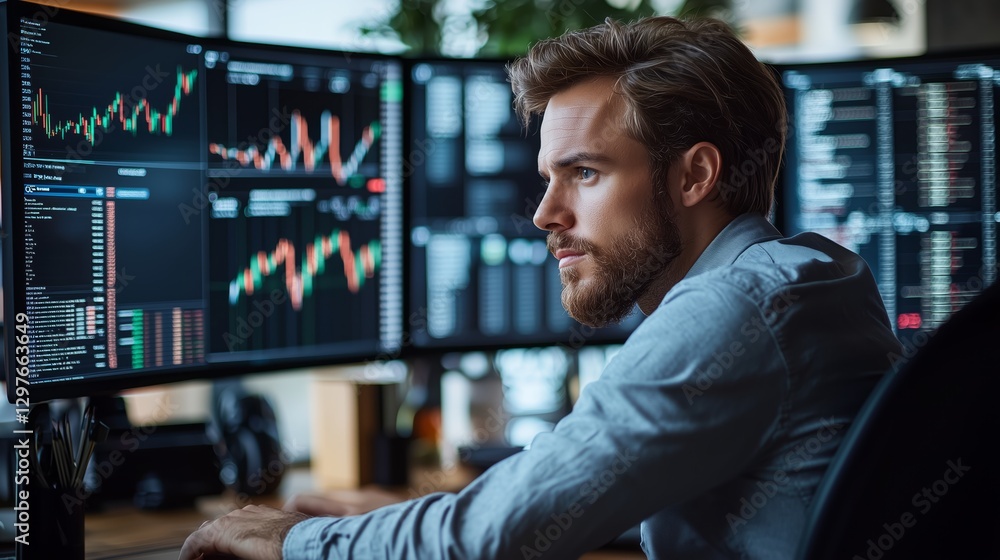Poster focused young man analyzing financial data on multiple computer screens