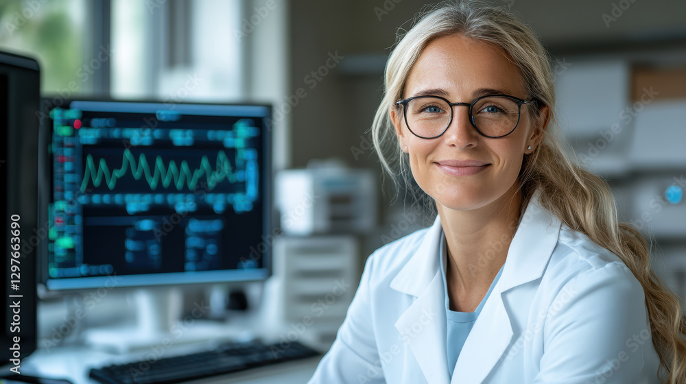 Poster neuroscientist analyzing brain wave activity with smile
