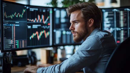 Focused Young Man Analyzing Financial Data on Multiple Computer Screens