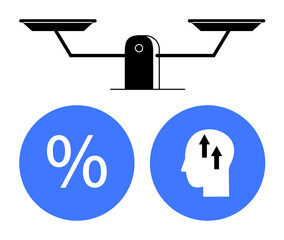 Balance scale illustrating equilibrium. Blue circles containing a percentage sign and a head with upward arrows symbolize evaluation, decision-making, and knowledge growth. Ideal for finance