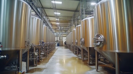 Fototapeta premium Industrial brewery interior featuring rows of gleaming stainless steel fermentation tanks and equipment in a modern factory setting for beer production