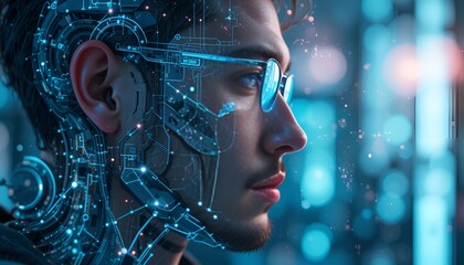 Naklejka premium Futuristic Cyberpunk Cyborg Portrait and AI-Enhanced Sci-Fi Concept Art
