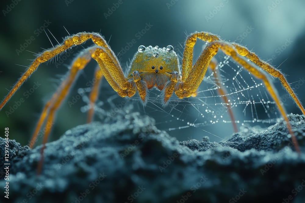 Aufkleber Close-up view of a vibrant spider with striking eyes and dew drops in a colorful natural setting during daylight
