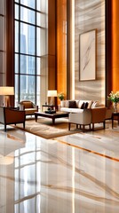 Elegant modern lounge design skyscraper building lobby interior photography urban environment wide angle view contemporary concept