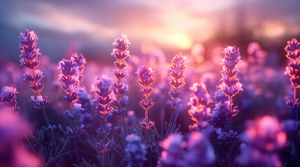Fototapeta premium Purple lavender flowers stretching endlessly under a warm and peaceful sunset.