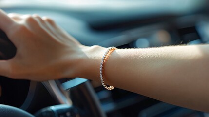 A persons hand wearing jewelry on a steering wheel