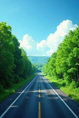 Fototapeta premium Asphalt Pathway Through Lush Green Foliage Under a Bright Sunny Sky with Puffy White Clouds