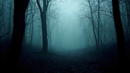 Fototapeta premium Dark desolate forest with dead trees, Broken braces, Scary.