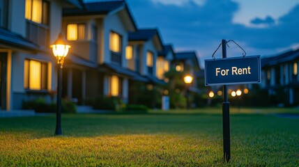 Charming Residential Neighborhood with "For Rent" Sign at Dusk