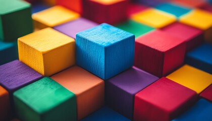 Obraz premium Abstract block structure representing teamwork, growth, and strategic progress, bright colors, modern design, illustrating collaboration and forwardthinking vision