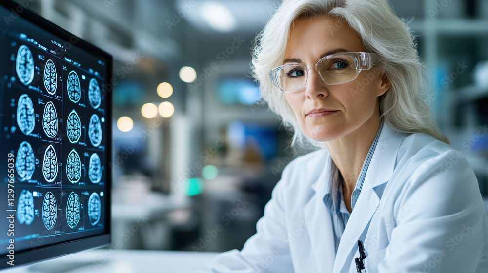 Poster scientist in neuroscience lab analyzing brain scans with focus