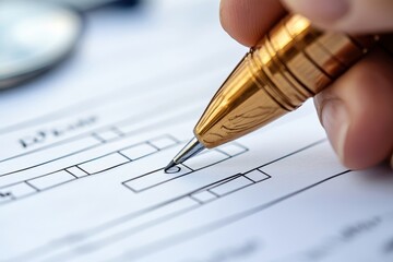 Person completing a detailed form outdoors in a residential area during a cloudy day, showcasing focus and attention to detail