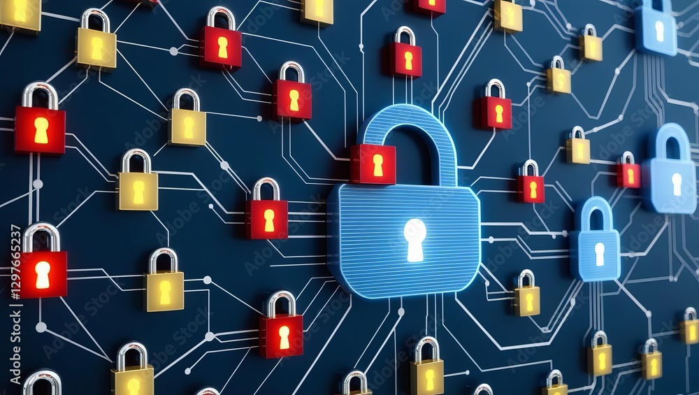 Poster a digital representation of cybersecurity, featuring various locks symbolizing data protection amids