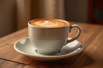 Fototapeta premium Latte art in white cup on wooden table with heart-shaped foam design