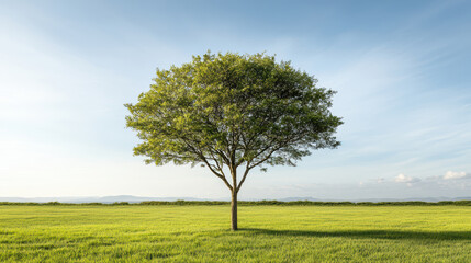 Obraz premium slow growing tree stands strong in vast green field under clear sky