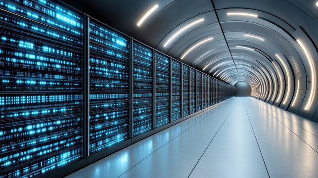 futuristic data center with illuminated server racks and sleek tunnel design