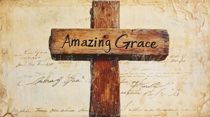 Rustic Wooden Cross with "Amazing Grace" on Antique Parchment Background