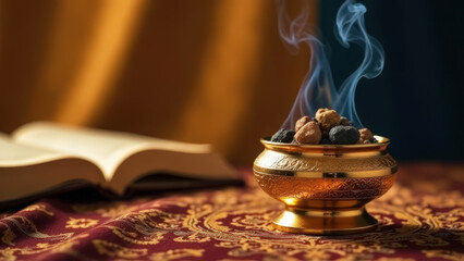Golden ornate incense burner with burning bakhoor and smoke on decorative fabric. Open book in the background. Islamic tradition and spiritual concept for Ramadan and Eid
