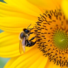 Close-up of a bee pollinating a vibrant yellow sunflower bloom in nature