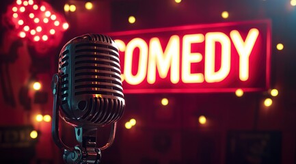 Vintage Microphone on Stage with Neon Comedy Sign