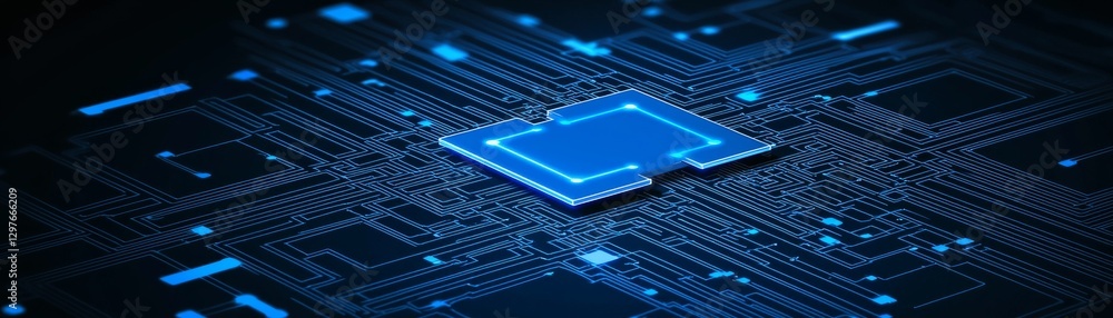 Poster a close-up view of a blue microchip on a circuit board, showcasing intricate details and glowing con