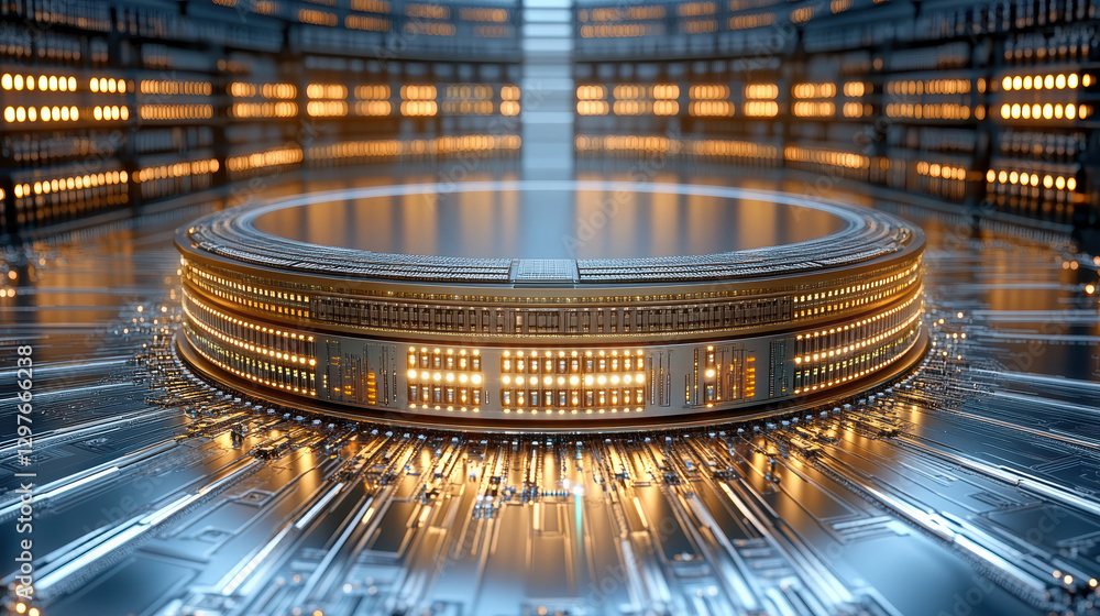 Poster futuristic supercomputer with glowing circuits and advanced technology