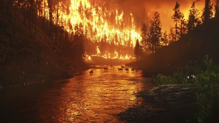 Dramatic Wildfire in Forest with River and Animals Under Flames