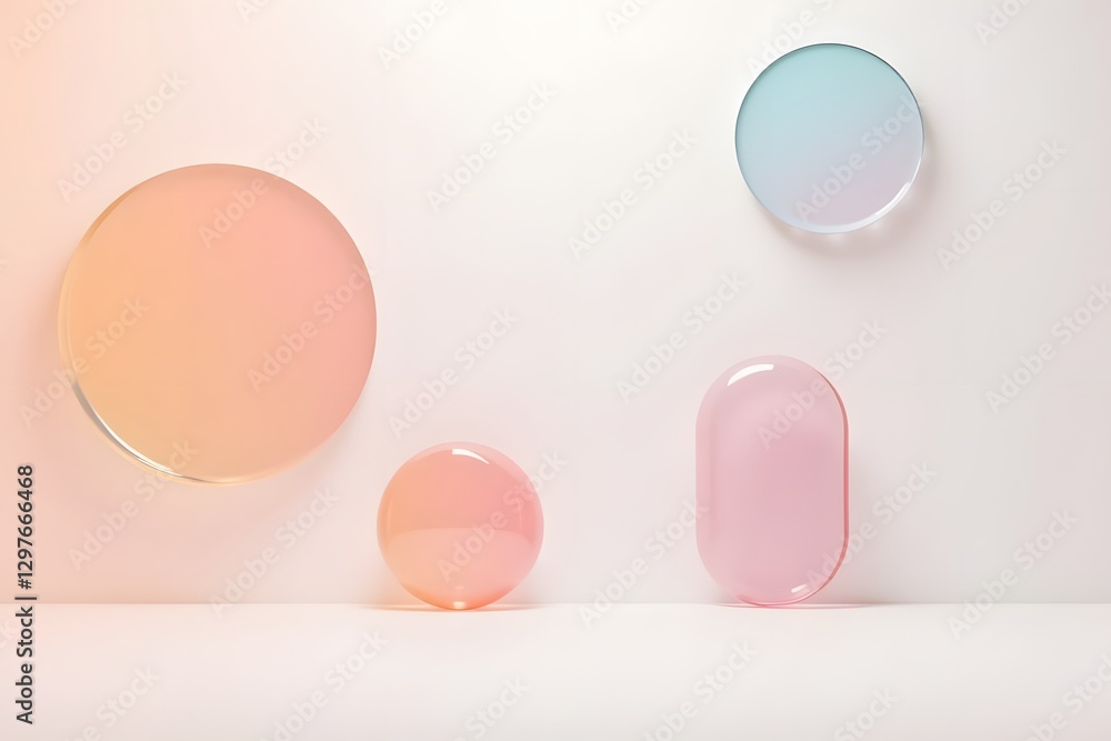 Poster abstract minimalist composition with pastel spheres and rounded objects on neutral background