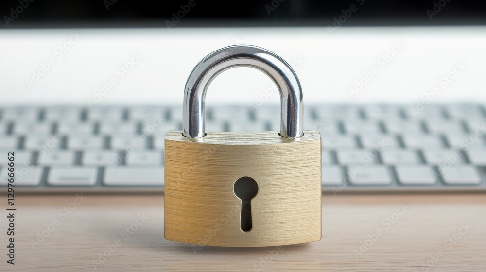 Poster a close-up of a brass padlock placed on a wooden surface in front of a computer keyboard, symbolizin