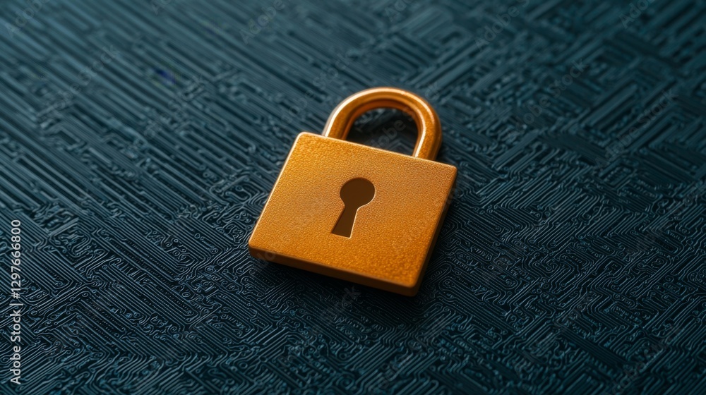 Poster a close-up of a metallic padlock resting on a textured surface, symbolizing security and protection.
