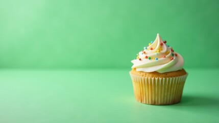 A single delightful cupcake with creamy frosting and colorful sprinkles rests on a vibrant green surface