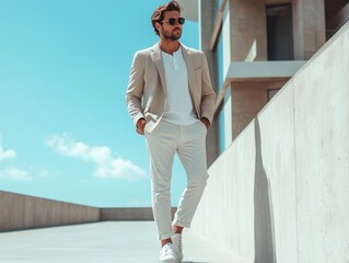Stylish man dressed in light-colored suit walking confidently in modern urban setting under clear blue sky