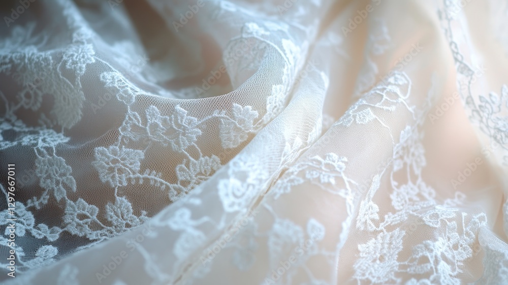 Poster delicate beige lace fabric draped elegantly on a textured background showcasing intricate floral pat