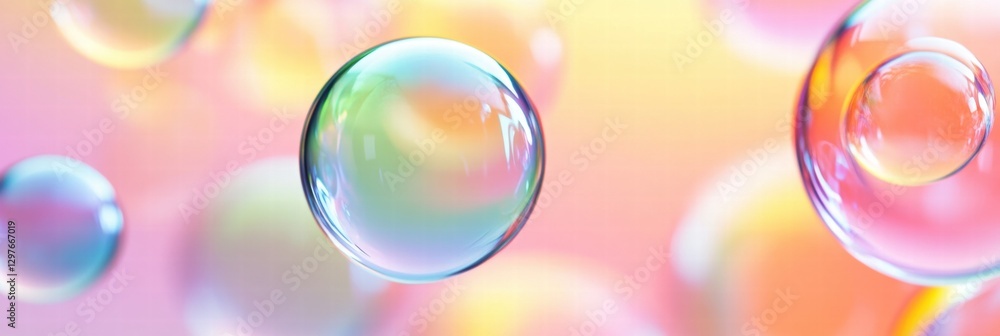 Poster colorful soap bubbles create a whimsical pattern with vibrant hues and reflections under soft light.
