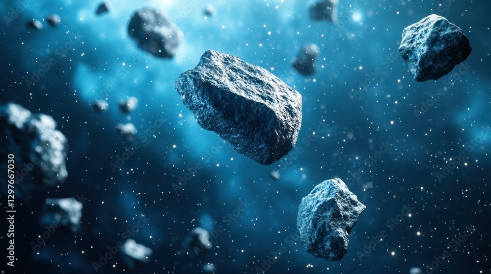 Poster celestial dance of asteroids amidst a cosmic nebula a captivating space scene with floating rocks an