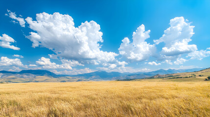 Obraz premium Golden Wheat Field under Blue Sky, Mountain View