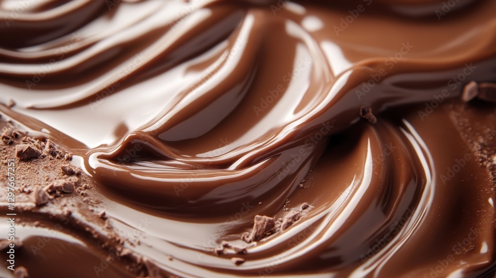 Poster decadent swirls of rich chocolate frosting with scattered chocolate pieces creating a smooth texture