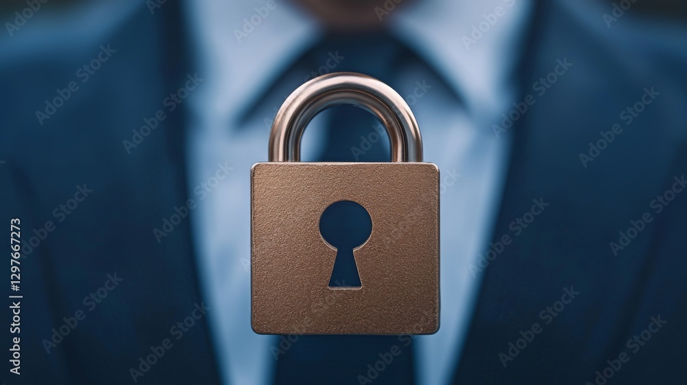 Poster a close-up of a padlock in focus, symbolizing security and privacy against a blurred background of a