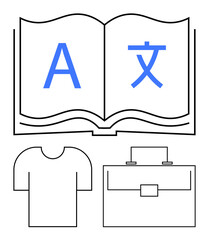 Open book with A and Chinese character, minimalist T-shirt, and briefcase. Ideal for language learning, cultural exchange, global business, education, translation, design abstract line flat metaphor